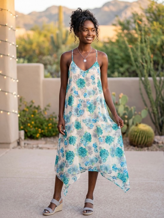 lovestitch Dresses & Skirts - Lovestitch White Blue Floral Asymmetrical Midi Dress | Flowy Handkerchief Hem